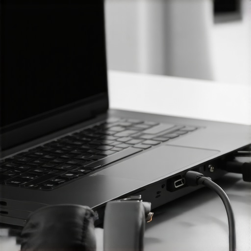 Professional Laptop Ports for Audio Production A close up of a laptop with multiple dedicated ports used for podcasting and video editing.