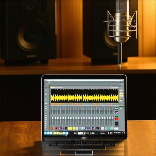 Professional Laptop Setup for Audio Production A high-end creator laptop running Pro Tools in a music production studio.