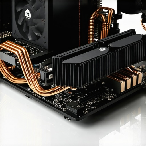 Internal view of a powerful laptop cooling system featuring copper heat pipes and dual fans for heavy workloads.