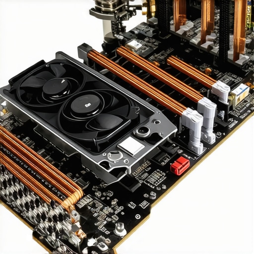Professional Laptop Thermal Management Components Close up of a professional laptop cooling system showing heat pipes and dual fans.