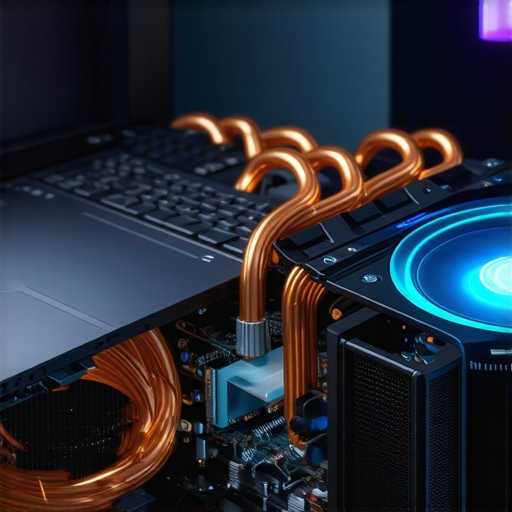 Professional Laptop Thermal Management System Close-up of laptop copper heat pipes and cooling fans for 3D rendering performance.