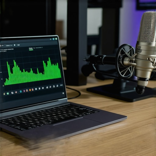 Laptop screen displaying LatencyMon software next to a studio microphone