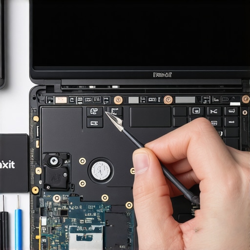 Professional Maintenance for High Performance Creator Laptops Person cleaning the internal cooling fan of a professional editing laptop using an iFixit toolkit and anti-static tools.