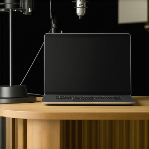 Professional Mobile Recording Signal Path A professional recording setup showing a laptop connected to an external audio interface and microphone.