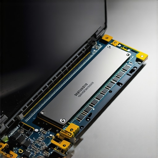 Close-up of an M.2 NVMe SSD being inserted into a high-end creator laptop motherboard slot.