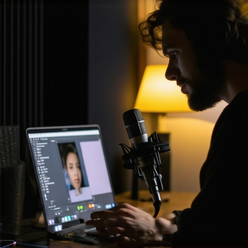 Professional Podcast Laptop Setup A high-end laptop and microphone setup for professional podcasting in a treated room.