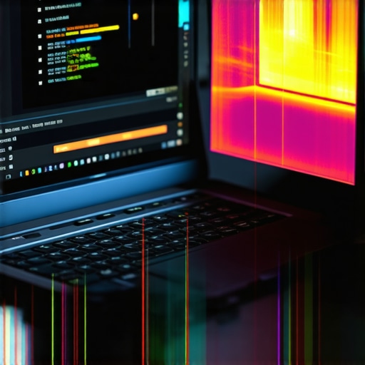 A laptop displaying video editing software with proxy settings enabled and a thermal heat map overlay.