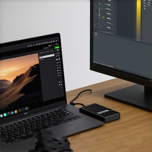 High-end laptop setup with external SSD and professional peripherals for content creation.