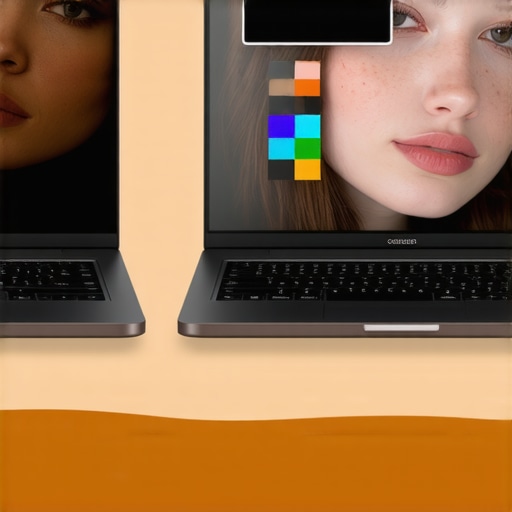 Professional Screen Calibration Comparison Visual comparison of laptop screen color calibration for video editing.