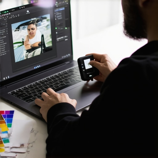 Professional Screen Calibration Process Hardware colorimeter calibrating a creative laptop screen in a studio.
