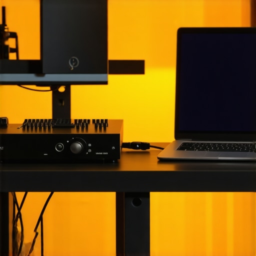 Close up of a ground loop isolator and audio interface on a creator's desk.