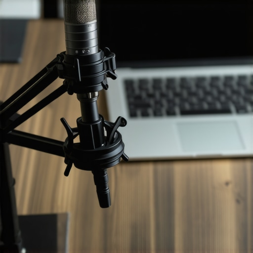 A USB microphone decoupled from a desk using a shock mount to improve audio quality