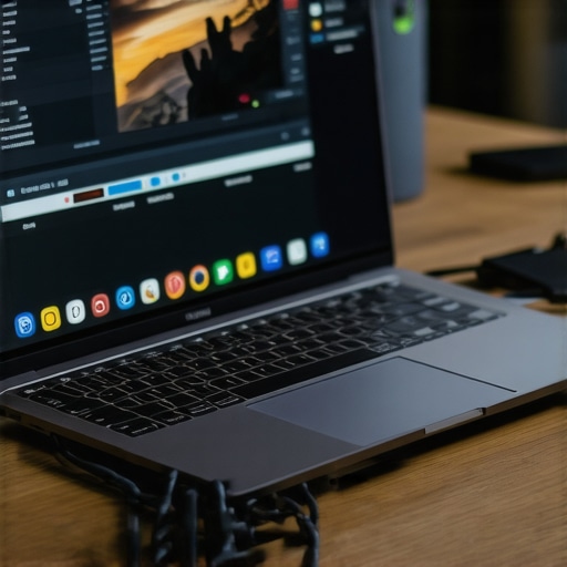 Professional Video Editing Laptop with Thunderbolt Hub A high-end creator laptop setup showing the importance of a professional Thunderbolt hub for connecting audio and video peripherals.