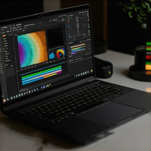 Close-up of a high-performance creator laptop displaying a video editing software timeline with vibrant colors