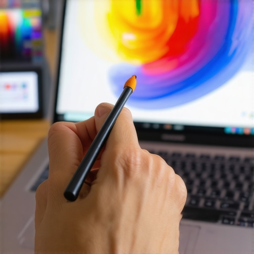 Professional digital art setup for Krita Close-up of a digital artist painting in Krita on a high-performance laptop