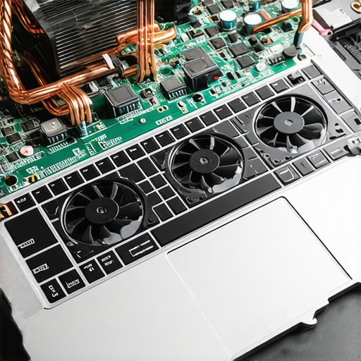 Professional laptop cooling architecture A high-performance laptop interior showing cooling fans and heat pipes for thermal management.