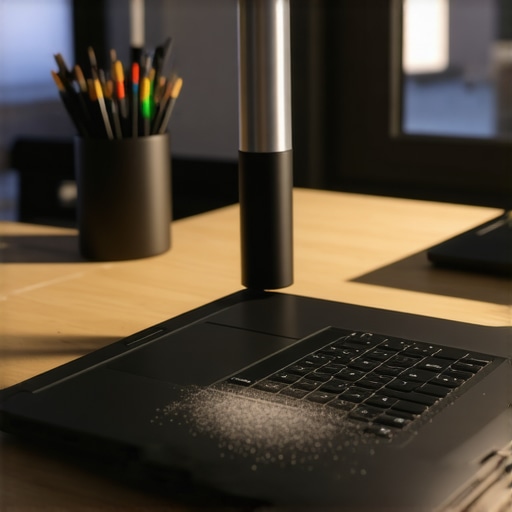 A person cleaning the air vents of a creative workstation laptop to prevent overheating.
