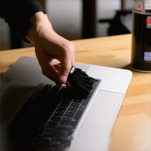 A creator cleaning dust from the side vents of an editing laptop using a brush and compressed air.