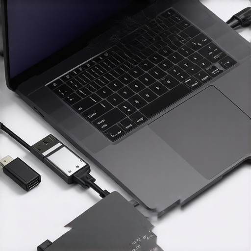 Close-up of a creator laptop connected to high-speed external drives and an audio interface.