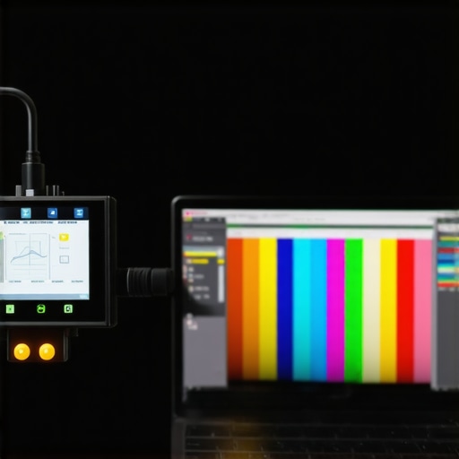 Professional laptop screen calibration process A colorimeter device calibrating a creator laptop screen for color accuracy.