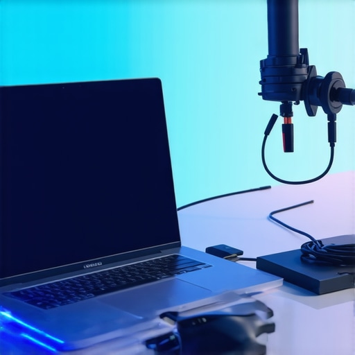 Professional laptop streaming setup with external hardware A high-end creator laptop on a cooling pad connected to an external capture card and studio peripherals.