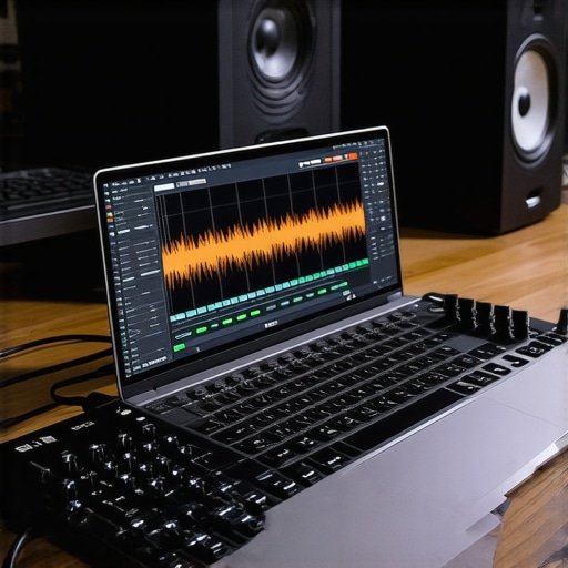 A high-performance laptop in a professional studio environment connected to audio and video peripherals.