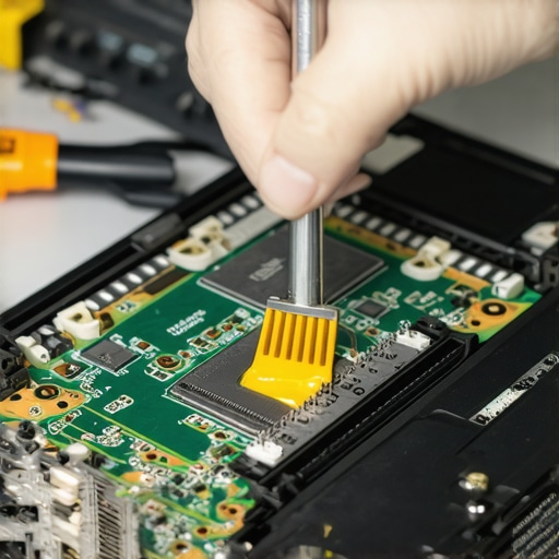 Professional laptop thermal maintenance Technician applying thermal paste to a creator laptop motherboard.