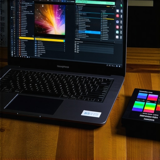 Professional laptop with color calibration tools High-end creator laptop showing color-accurate video editing software on a desk.