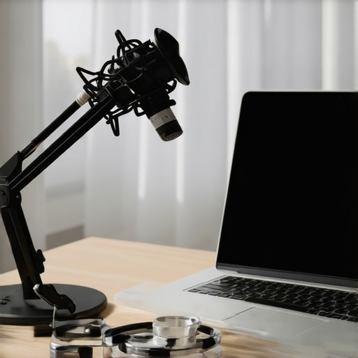 A modern desk with a laptop, studio microphone, and stethoscope representing a professional creator and nurse's workspace.