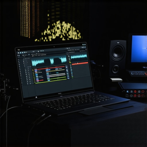 Close up of a high-end laptop for professional video editing and content creation showing a complex timeline.