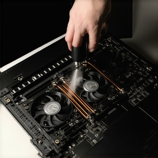 Proper cleaning of a high-end creator laptop cooling system Man cleaning dust from creator laptop fans with compressed air