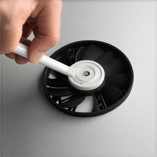 Properly cleaning a laptop cooling fan Technician cleaning a laptop fan with compressed air while holding the blades still.