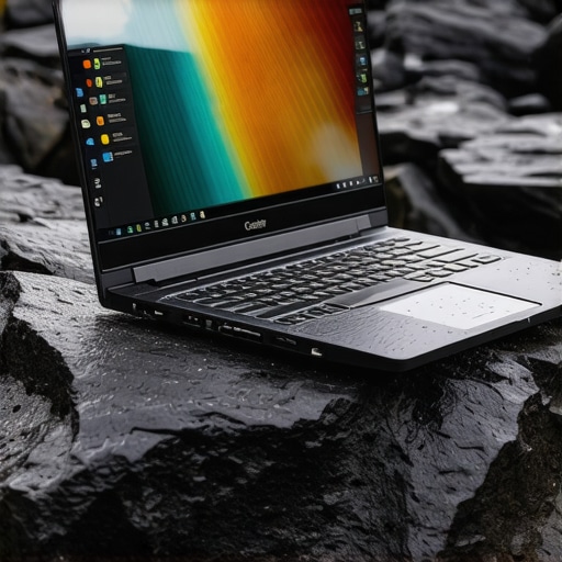 Rugged Creator Laptop in Extreme Outdoor Conditions A tough military-grade rugged laptop sitting open on a wet rock showing a bright video editing screen in a misty outdoor environment
