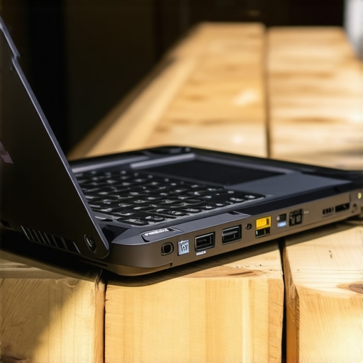 Rugged laptop built for field creators A durable, rugged creator laptop with reinforced edges and sturdy ports in a workshop environment