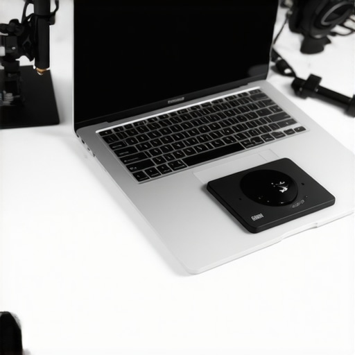 Scaling a Professional Mobile Studio Setup Professional creative laptop setup with external audio gear and cooling stand.