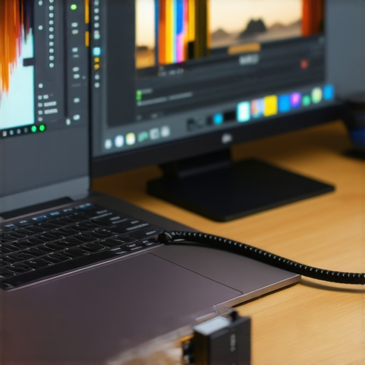 Secure 4K Connection for Creative Workstations A high-quality braided cable connecting a laptop to a professional 4K monitor to prevent flickering.