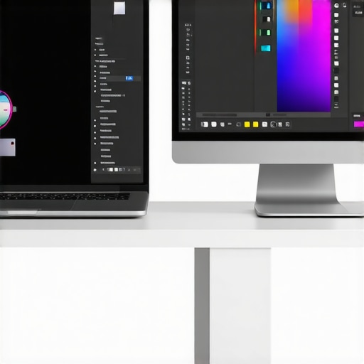Side-by-side color matching setup Color matching laptop and external monitor side by side on a desk