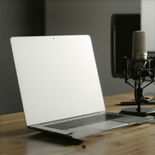 A silent ARM-based laptop and professional microphone on a wooden desk showing a clean creative workspace.