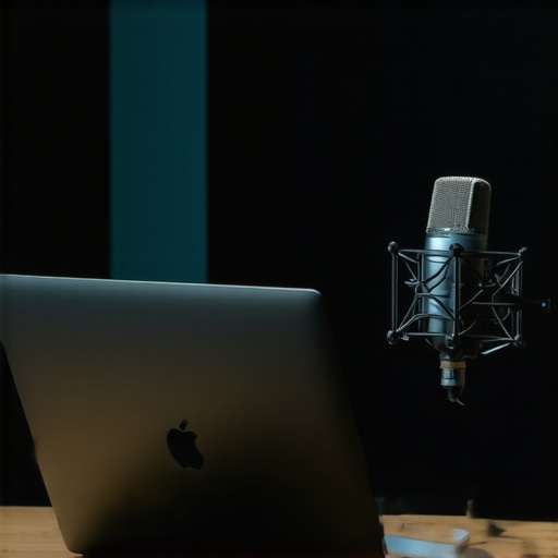 Silent Laptop in Professional Recording Studio A fanless laptop positioned next to a studio microphone to demonstrate a silent recording setup.