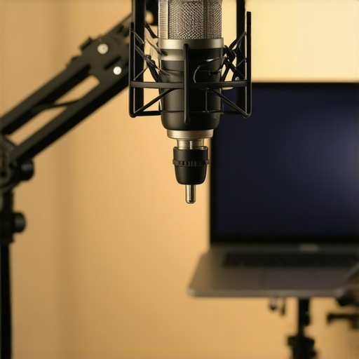 Silent Podcast Setup with Ventilated Laptop Stand A professional podcasting microphone and a laptop on a cooling stand to reduce fan noise.