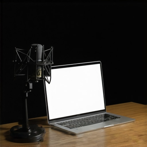 Silent Podcast Studio Setup A quiet podcasting environment with a fanless laptop and professional microphone