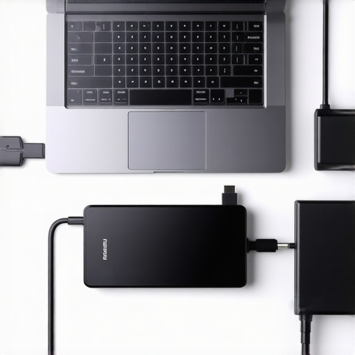 Professional workstation setup with external storage and peripherals.
