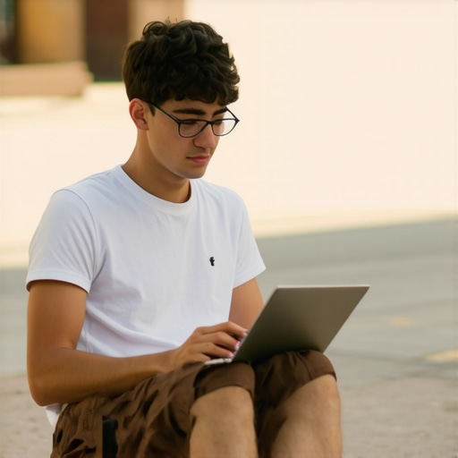 Student working unplugged in a courtyard A student using a long-lasting laptop outdoors without a charger.
