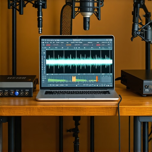 Studio Quality Podcasting Laptop Setup Professional podcasting setup with a high-performance laptop and audio equipment.