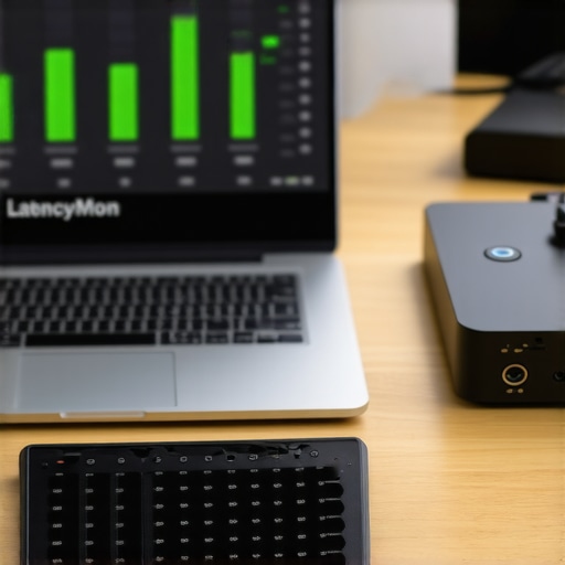 LatencyMon diagnostic software running on a laptop in a music studio