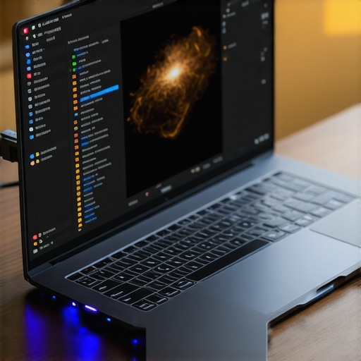 A professional creator laptop on a cooling pad showing an editing timeline.