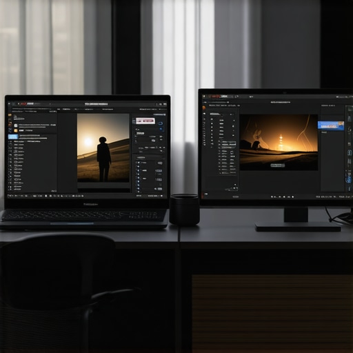 Ultimate Professional Creator Workstation Setup A high-end laptop setup for video editing and content creation with external monitors and professional peripherals.