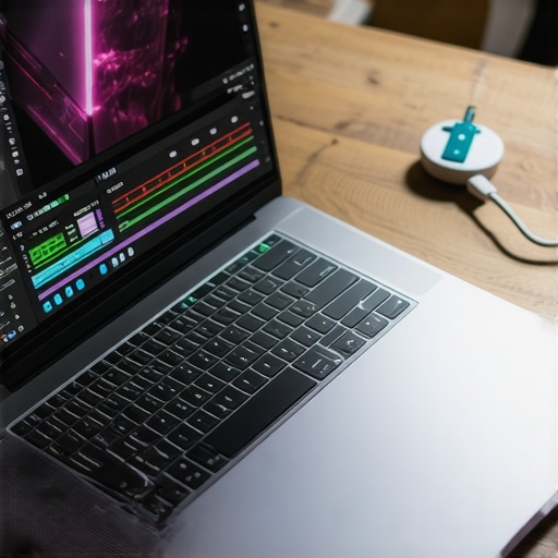 Unplugged high performance creator laptop rendering on battery A high-end creator laptop running a demanding video editing timeline unplugged in a cafe environment