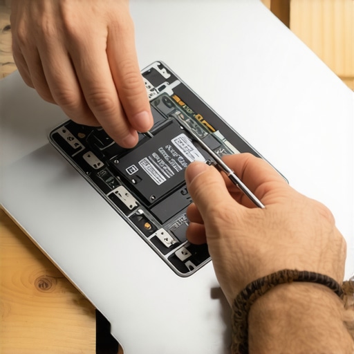 Upgrading a laptop with a new SSD Hands installing a solid state drive into a laptop motherboard to improve performance speed