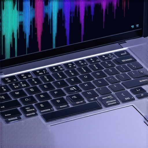Upward-Firing Laptop Speaker Grilles for Professional Audio Close-up of professional laptop speakers and audio editing software